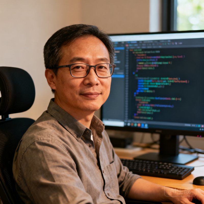 谈球吧CTO李明哲，戴眼镜的38岁技术专家，穿着休闲衬衫坐在电脑前，身后屏幕显示代码界面
